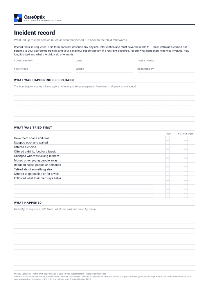First page of the Incident record PDF