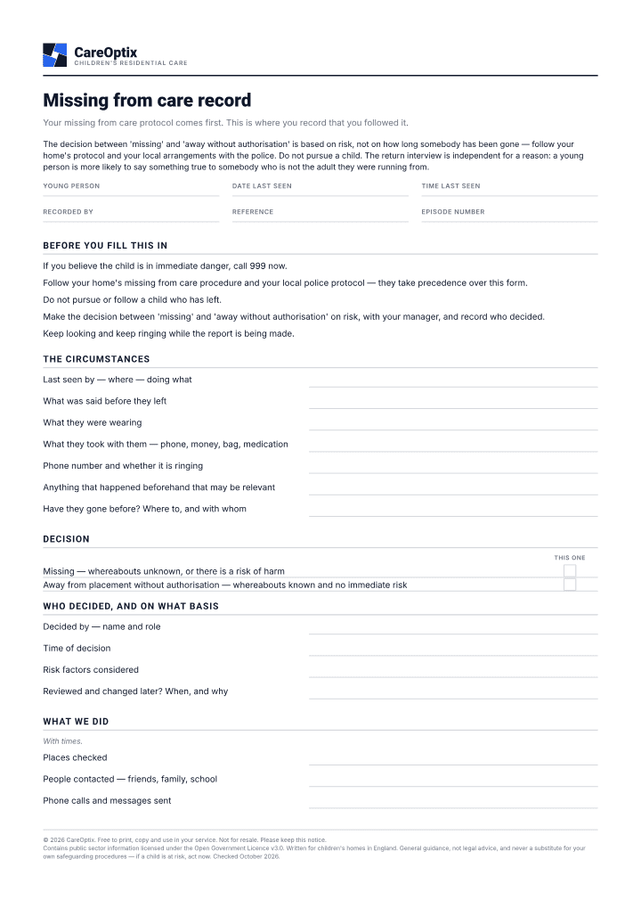 First page of the Missing from care record PDF
