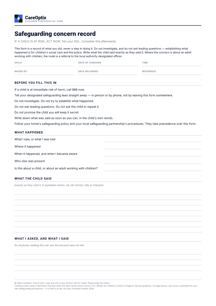 First page of the Safeguarding concern record PDF