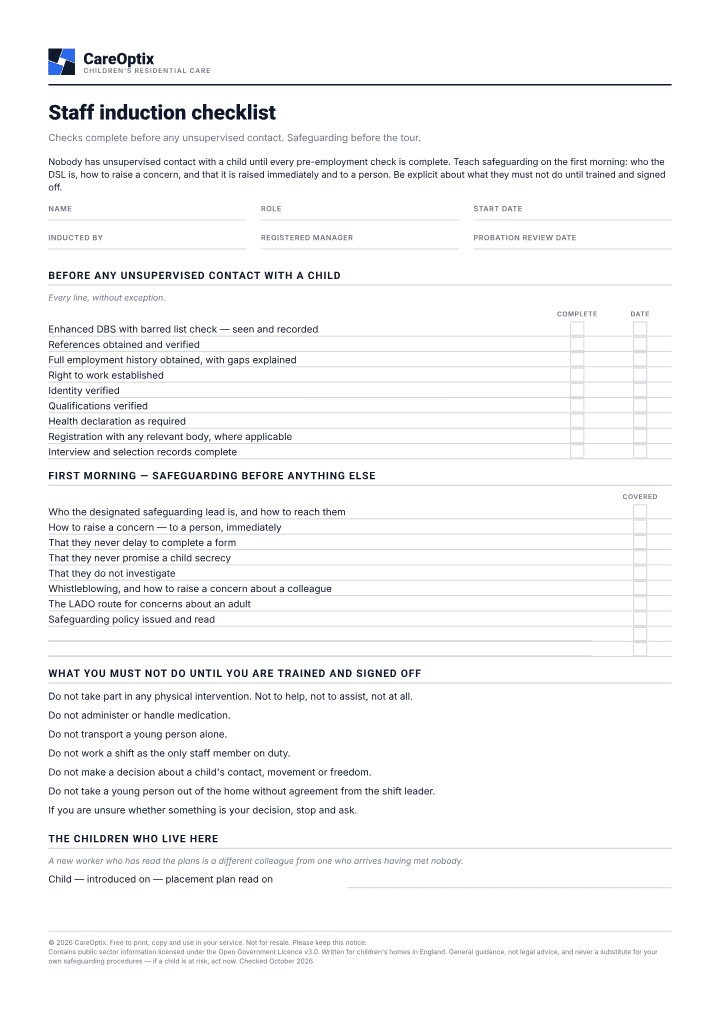 First page of the Staff induction checklist PDF