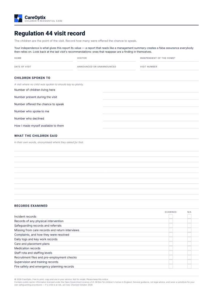 First page of the Regulation 44 visit record PDF
